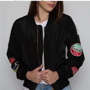 Love Tree Black Zip Front Bomber with Patches  Great Condition Size Medium